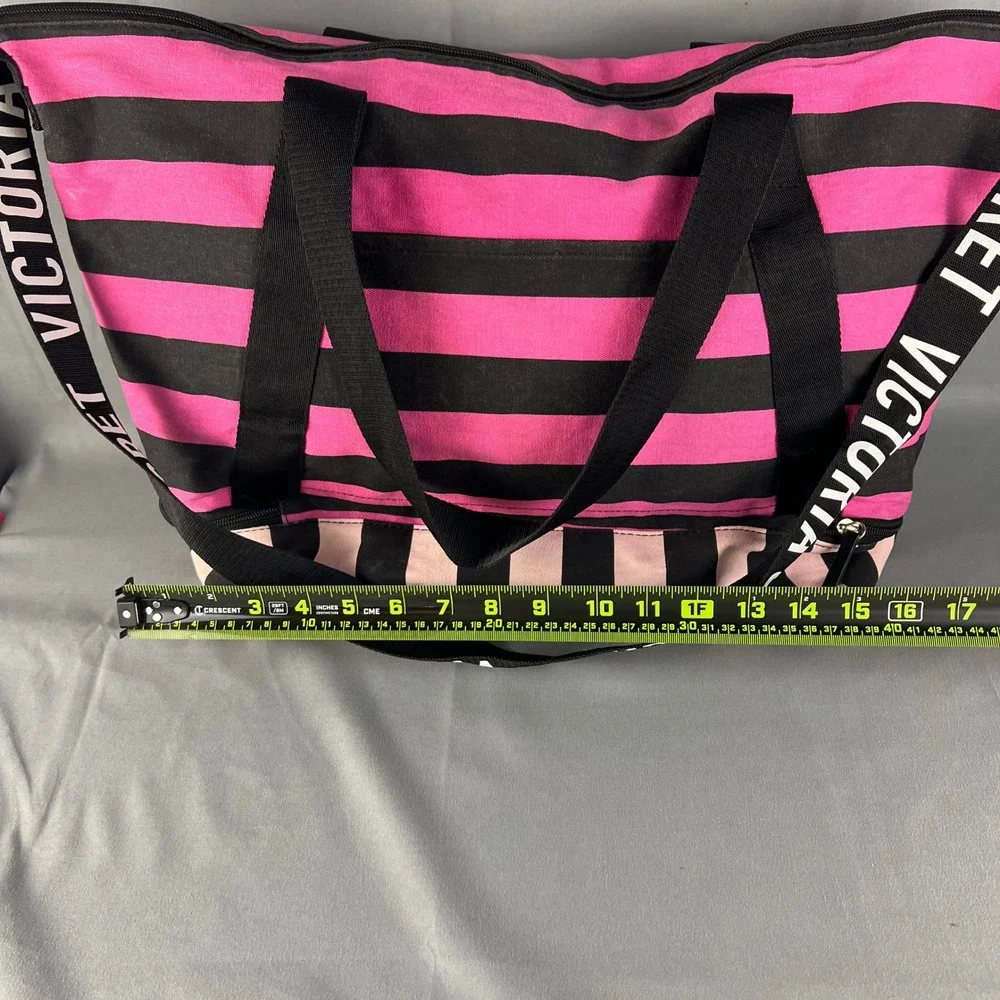 Victoria's Secret Weekender Tote Bag Women Black Pink Striped Bottom Zip Storage